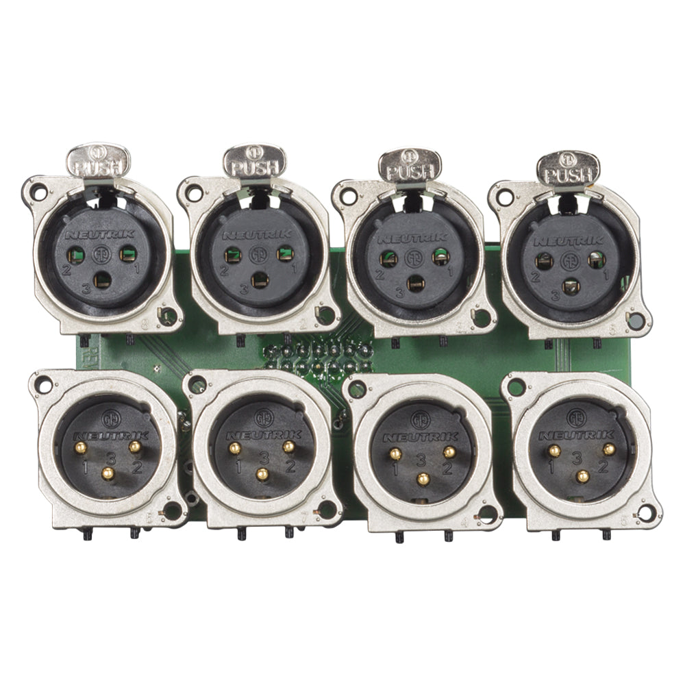 jungtis Module 4 x XLR lizdas + 4 x XLR kištukas NEUTRIK® B-Serie (lizdas + kištukas parallel per channel switched), 3 polių, 2 HE, 3 BE, metalinė, 12 pakeliami gnybtai, flat jungtis 14-pin lizdas-, paauksuoti kontaktai, nikelio spalvos, for SYS-series