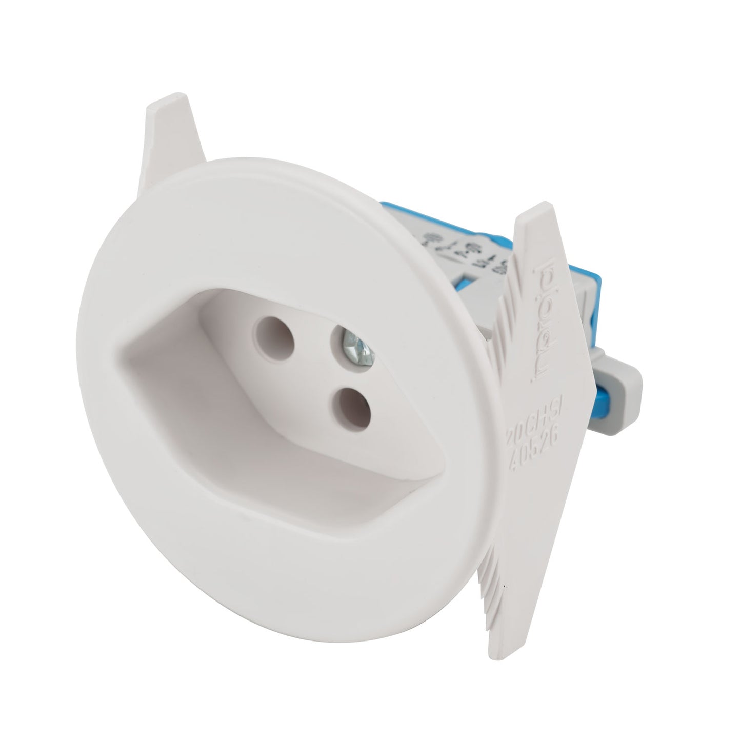 Install socket SNAP-IN, Swiss standard, 2-pole , plastic-, prisukama-lizdas jungtis, nickel plated contact(s), tiesi, max. 2,5 mm², baltas