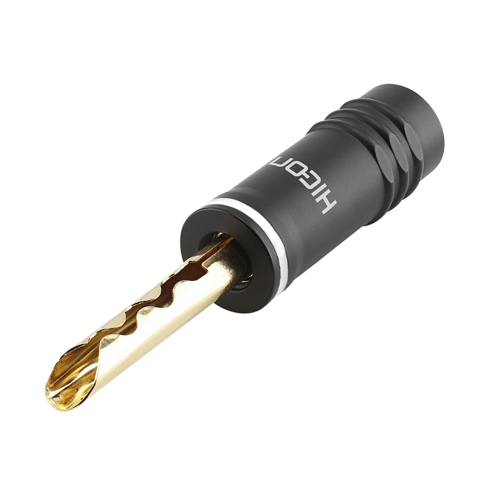 HICON Banana jungtis with toothed clamp, 1-pol , metal-, Clamp technic-kištukas jungtis, hard gold-plated contact(s), tiesi, max. 6 mm², juodas