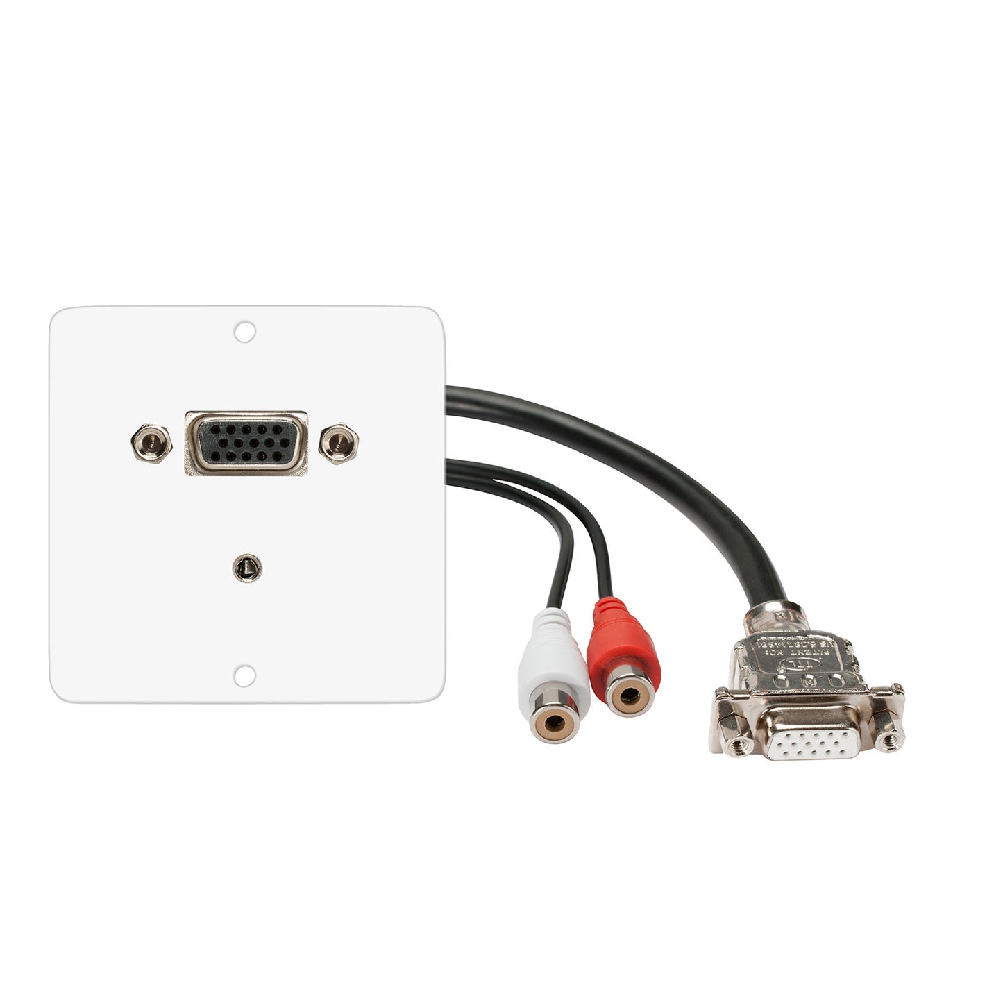 connection-modul VGA fem. —> 0.15 m breakout cable VGA fem. + 3.5 mm stereo mini jack fem. —> 0.15 m breakout cable 2 x RCA fem., scale: 50x50 mm, stainless steel, colour: baltas