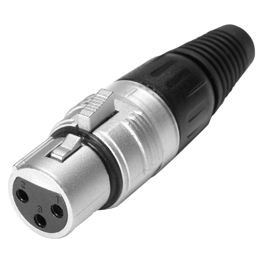 HICON XLR PRO, 3-pole lizdas, sidabrinis-plated contacts, metal housing matt sidabrinis finish, conductive surface, juodas plastic cap, 6-chuck collet strain relief