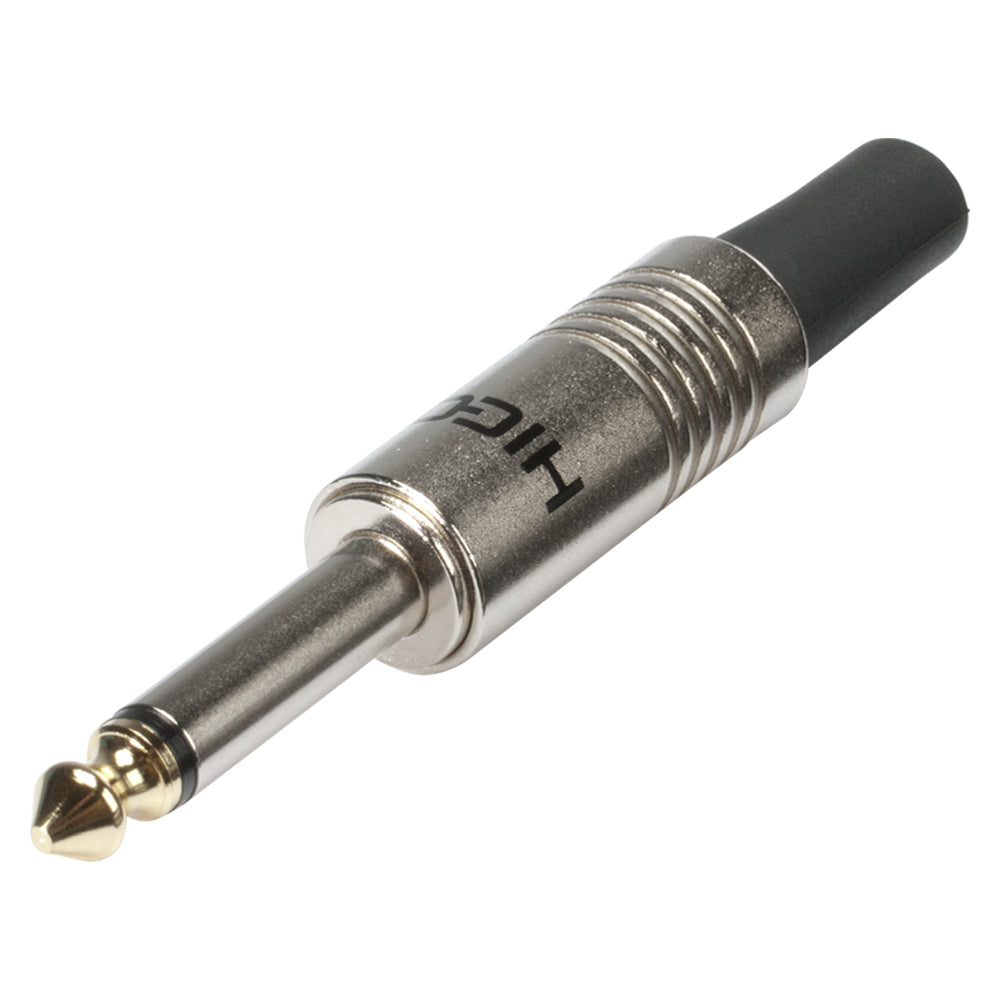 HICON jack (6,3mm) 2-pole metal-crimp-kištukas jungtis, nickel plated with Goldtip pin, tiesi, chrome coloured