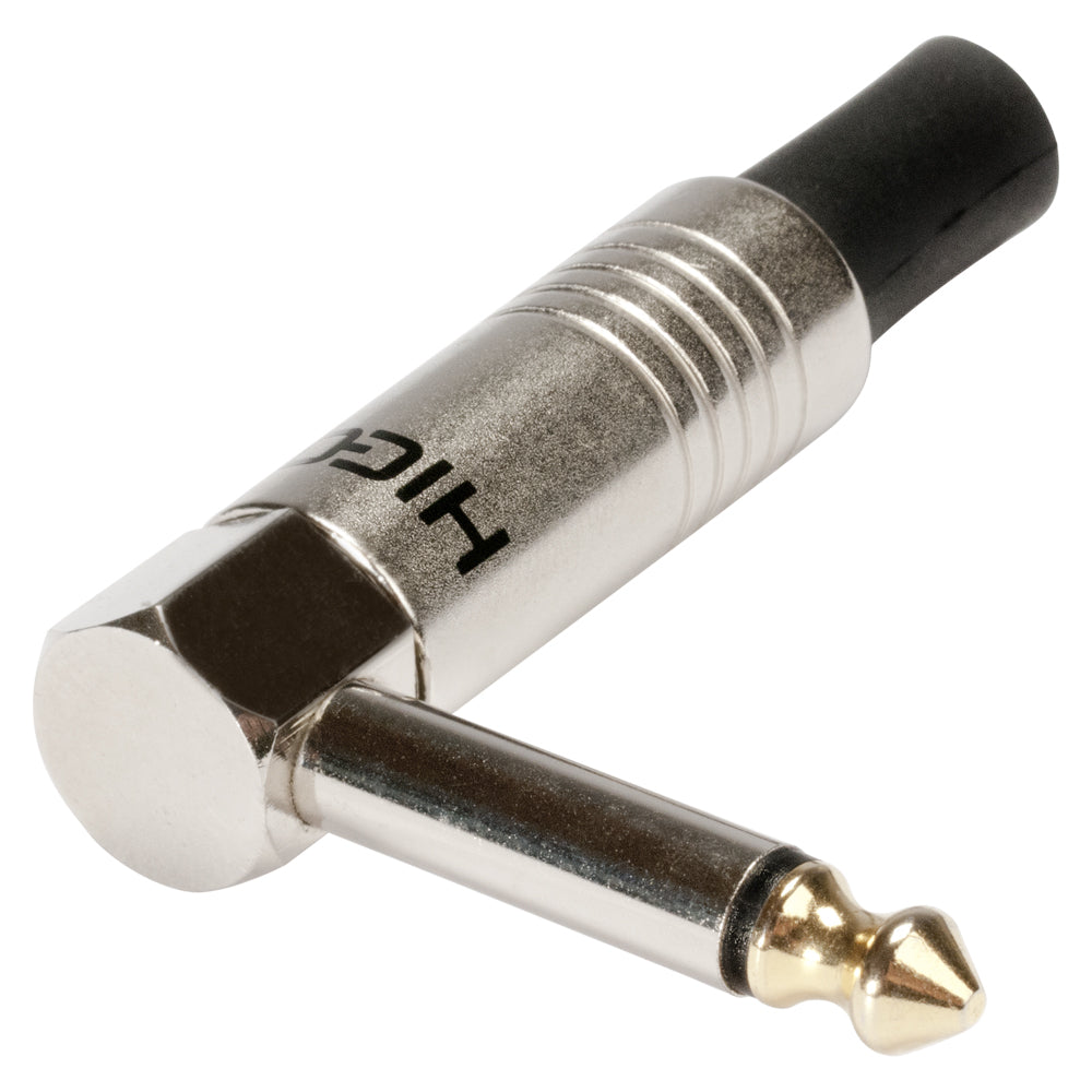 HICON jack (6,3mm) 2-pole metal-Soldering-kištukas jungtis, nickel plated with Goldtip pin, angled, chrome coloured