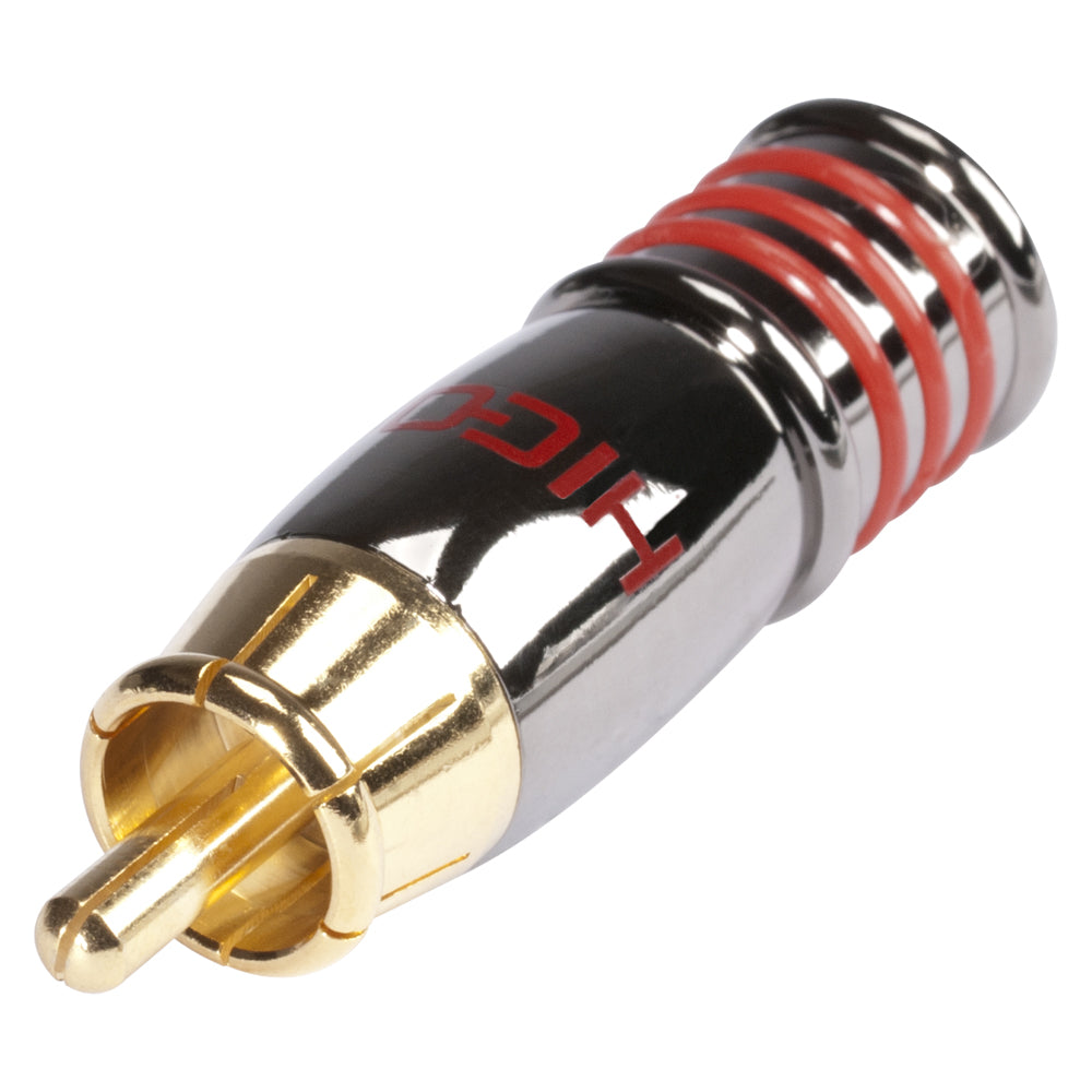 HICON RCA, 2-pole , metal-, Soldering-kištukas jungtis, gold plated contact(s), tiesi, chrome coloured