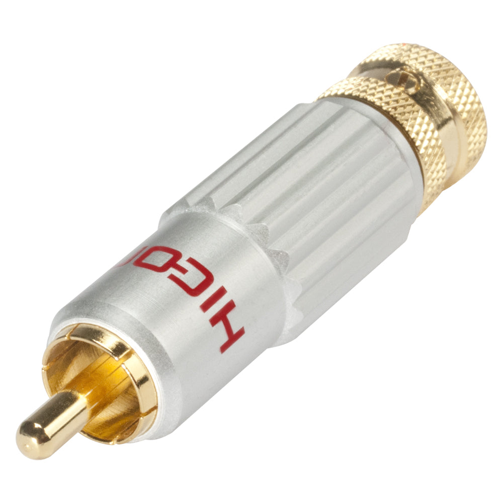 HICON RCA / phono jungtis, collet lock fixture, 2-pole , metal-, Soldering-kištukas jungtis, gold plated contact(s), tiesi, pilkas