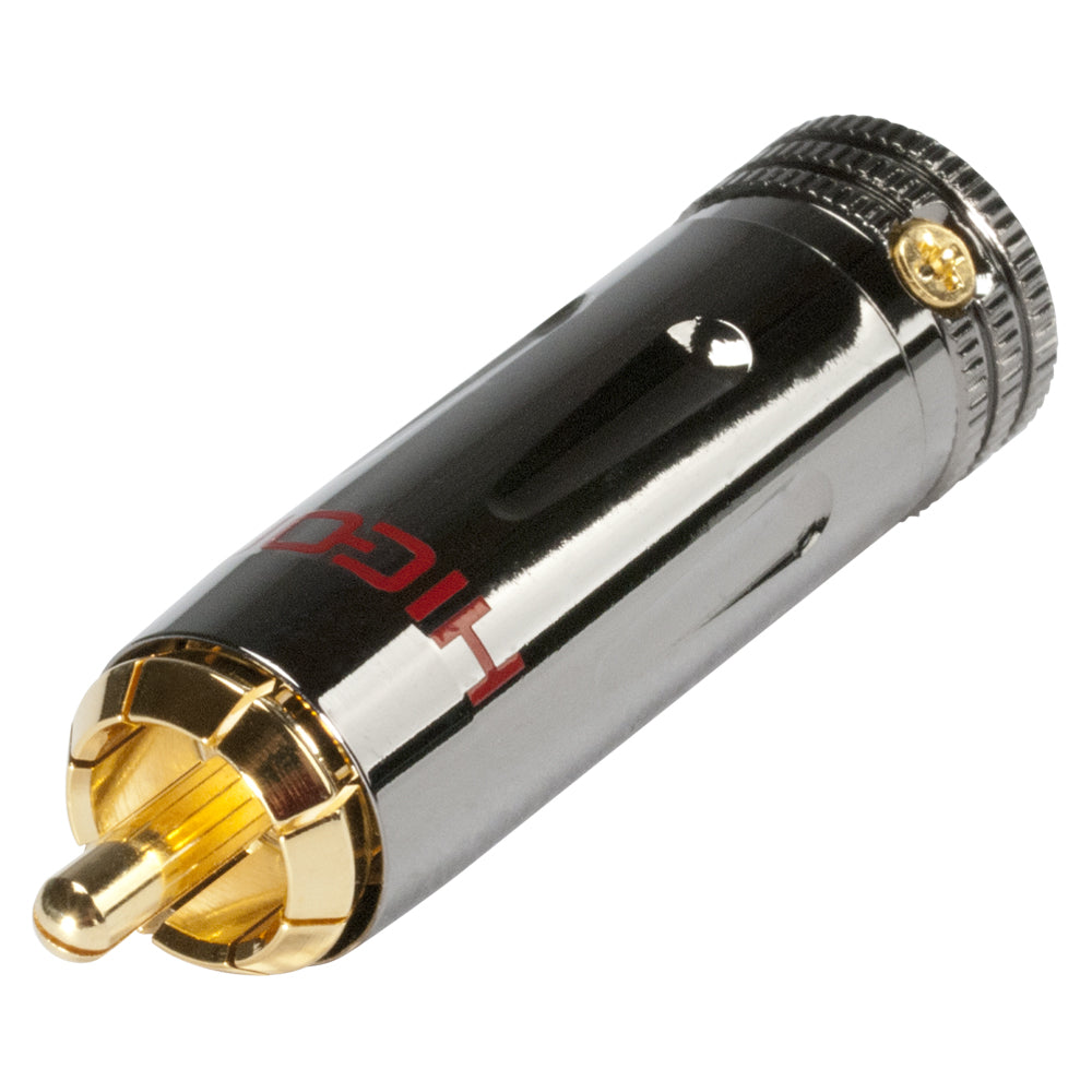 HICON RCA / phono jungtis, collet lock fixture, 2-pole , metal-, Soldering-kištukas jungtis, gold plated contact(s), tiesi, chrome coloured
