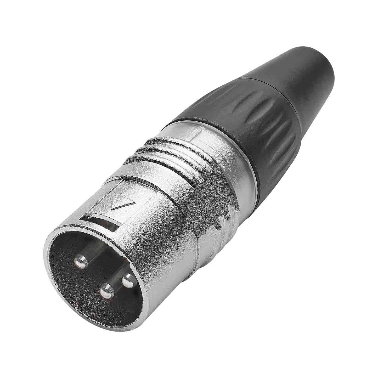 HICON XLR BASIC, 3-pole kištukas, sidabrinis-plated contacts, nickel-plated metal housing, conductive surface, juodas plastic cap, 3-chuck collet strain relief