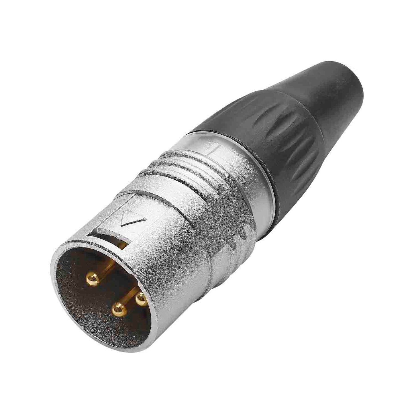 HICON XLR BASIC, 3-pole kištukas, gold-plated contacts, nickel-plated metal housing, conductive surface, juodas plastic cap, 3-chuck collet strain relief