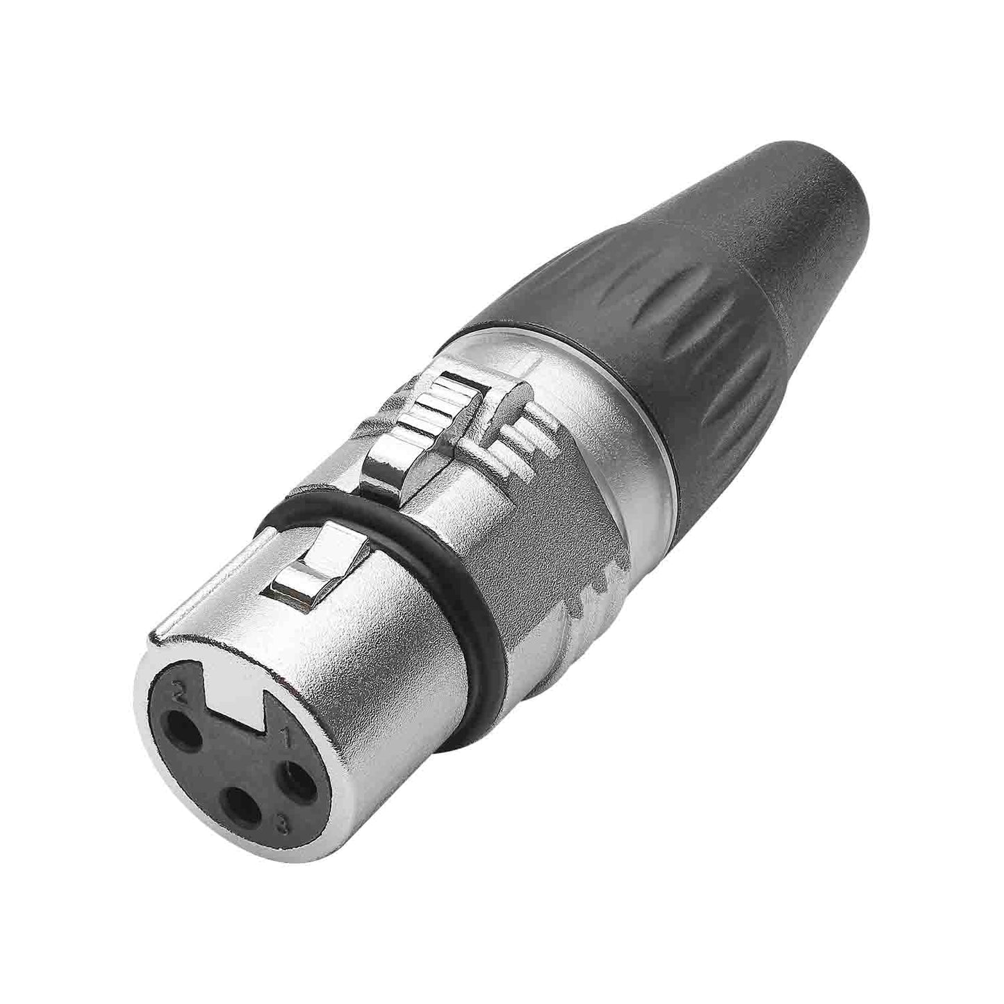 HICON XLR BASIC, 3-pole lizdas, gold-plated contacts, nickel-plated metal housing, conductive surface, juodas plastic cap, 3-chuck collet strain relief