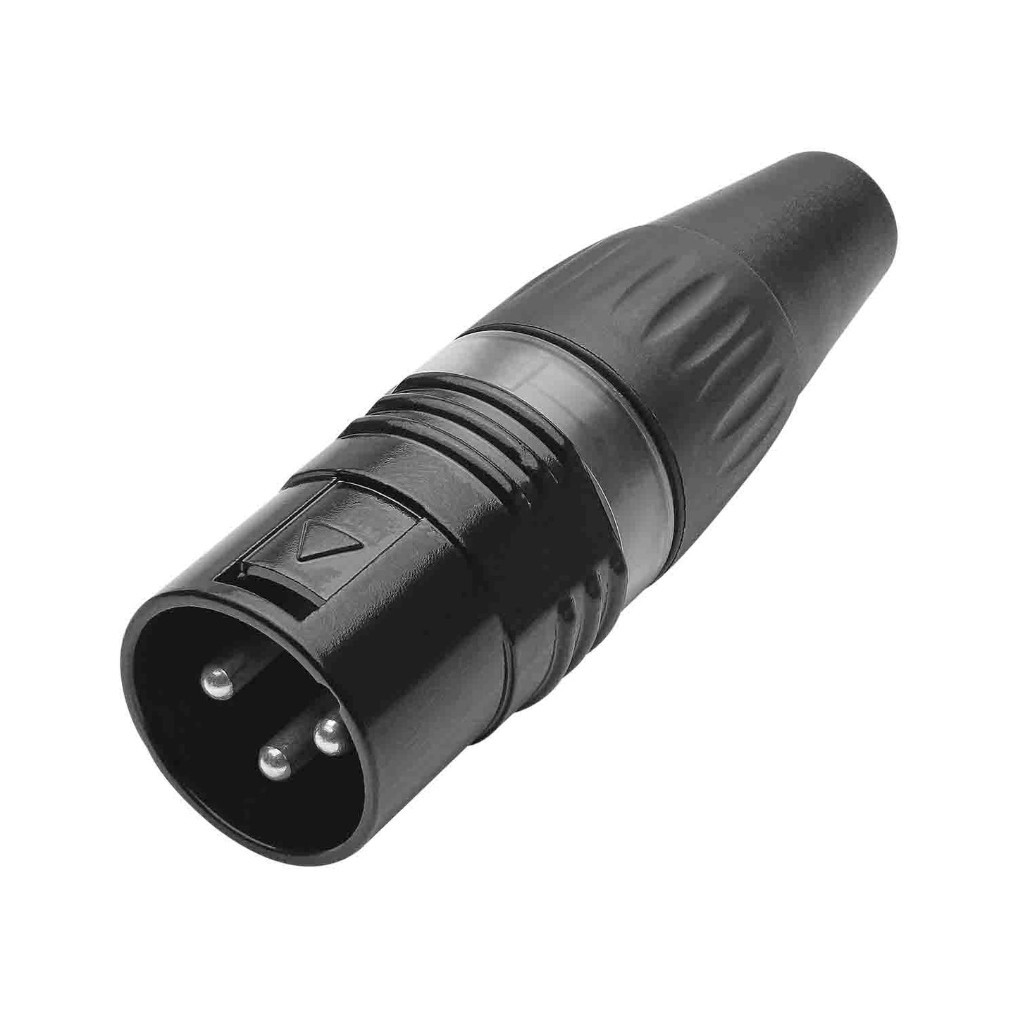 HICON XLR BASIC, 3-pole kištukas, sidabrinis-plated contacts, juodas metal housing, juodas plastic cap, 3-chuck collet strain relief