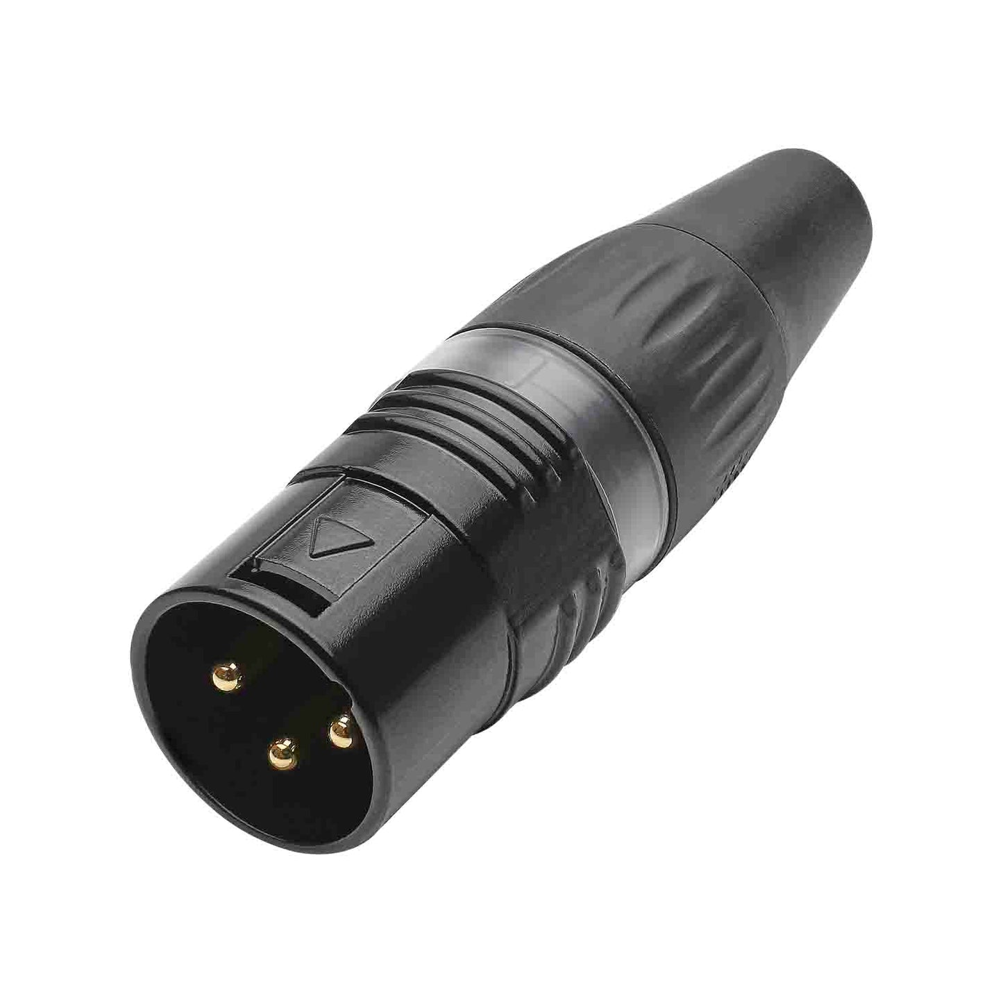 HICON XLR BASIC, 3-pole kištukas, gold-plated contacts, juodas metal housing, juodas plastic cap, 3-chuck collet strain relief