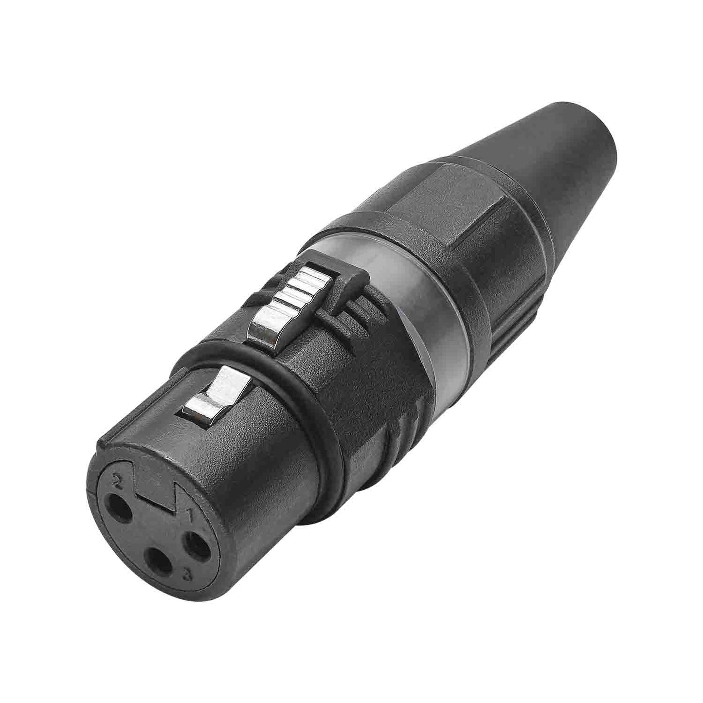 HICON XLR PRO+, 3-pole lizdas, sidabrinis-plated contacts, juodas metal housing, juodas metal cap, 6-chuck collet strain relief