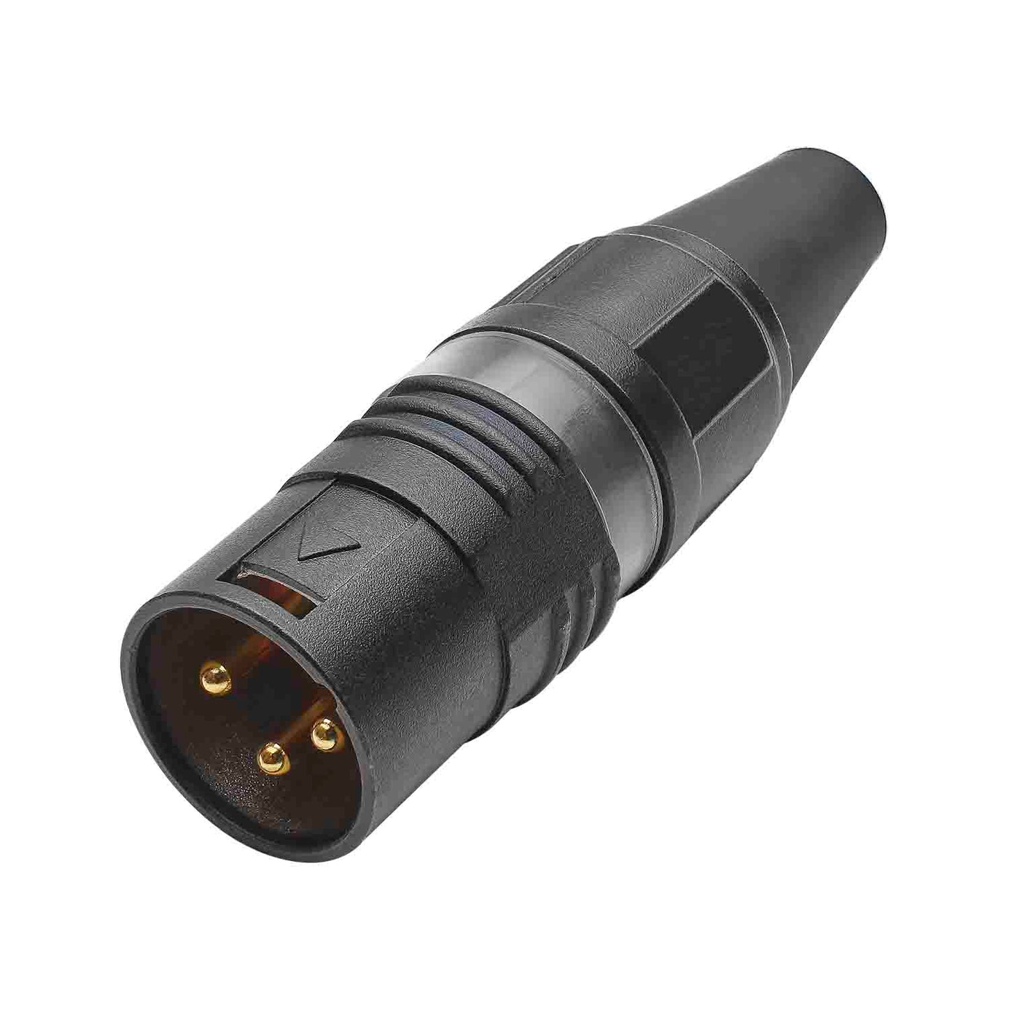 HICON XLR PRO+, 3-pole kištukas, gold-plated contacts, juodas metal housing, juodas metal cap, 6-chuck collet strain relief