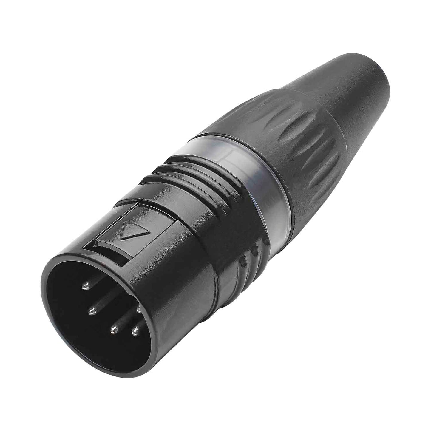 HICON XLR BASIC, 5-pole kištukas, sidabrinis-plated contacts, juodas metal housing, juodas plastic cap, 3-chuck collet strain relief