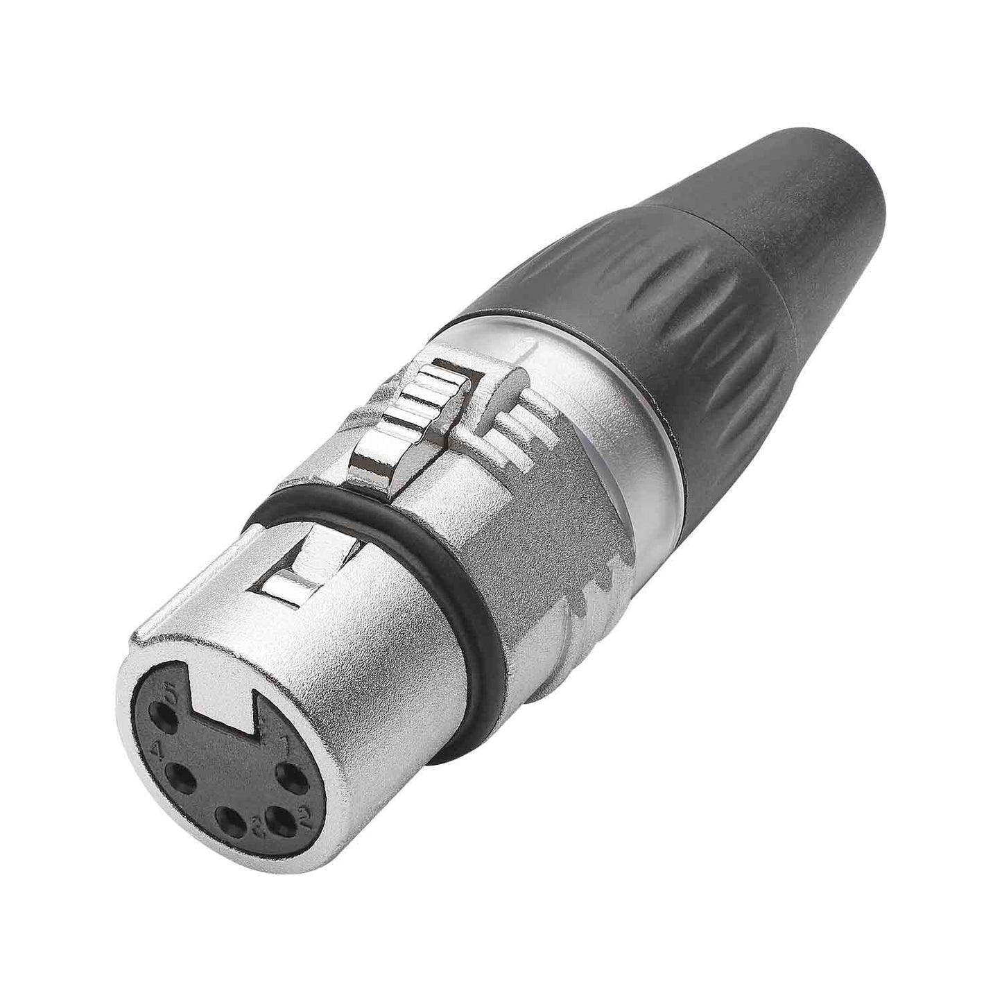 HICON XLR BASIC, 5-pole lizdas, sidabrinis-plated contacts, nickel-plated metal housing, conductive surface, juodas plastic cap, 3-chuck collet strain relief
