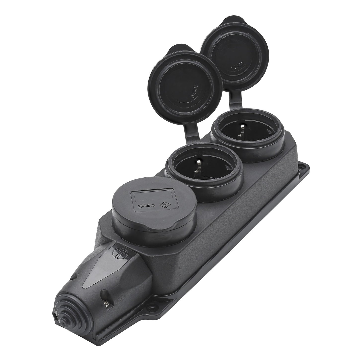 SCHUKO IP44 3x, 2-pole , Plastic TPE-, prisukama-lizdas jungtis, nickel plated contact(s), hanging housing tiesi, max. 1,5 mm², juodas