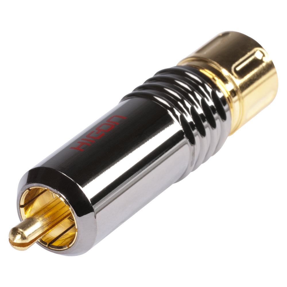 HICON RCA / phono jungtis, collet lock fixture, 2-pole , metal-, Soldering-kištukas jungtis, gold plated contact(s), tiesi, chrome coloured