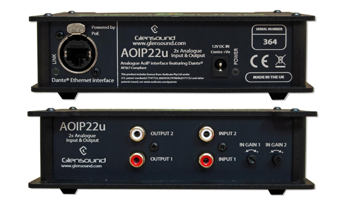 Glensound AoIP-22u | Unbalanced 2 inputs & 2 outputs for Dante/AES67