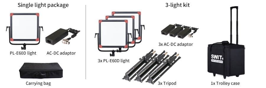 SWIT PL-E60D 3KIT | Set of 3 x 3rd Generation Natural-Born-Soft TLCI-99 60W LED Panel Light, ultra slim, SWIT patent, V-Mount, DMX