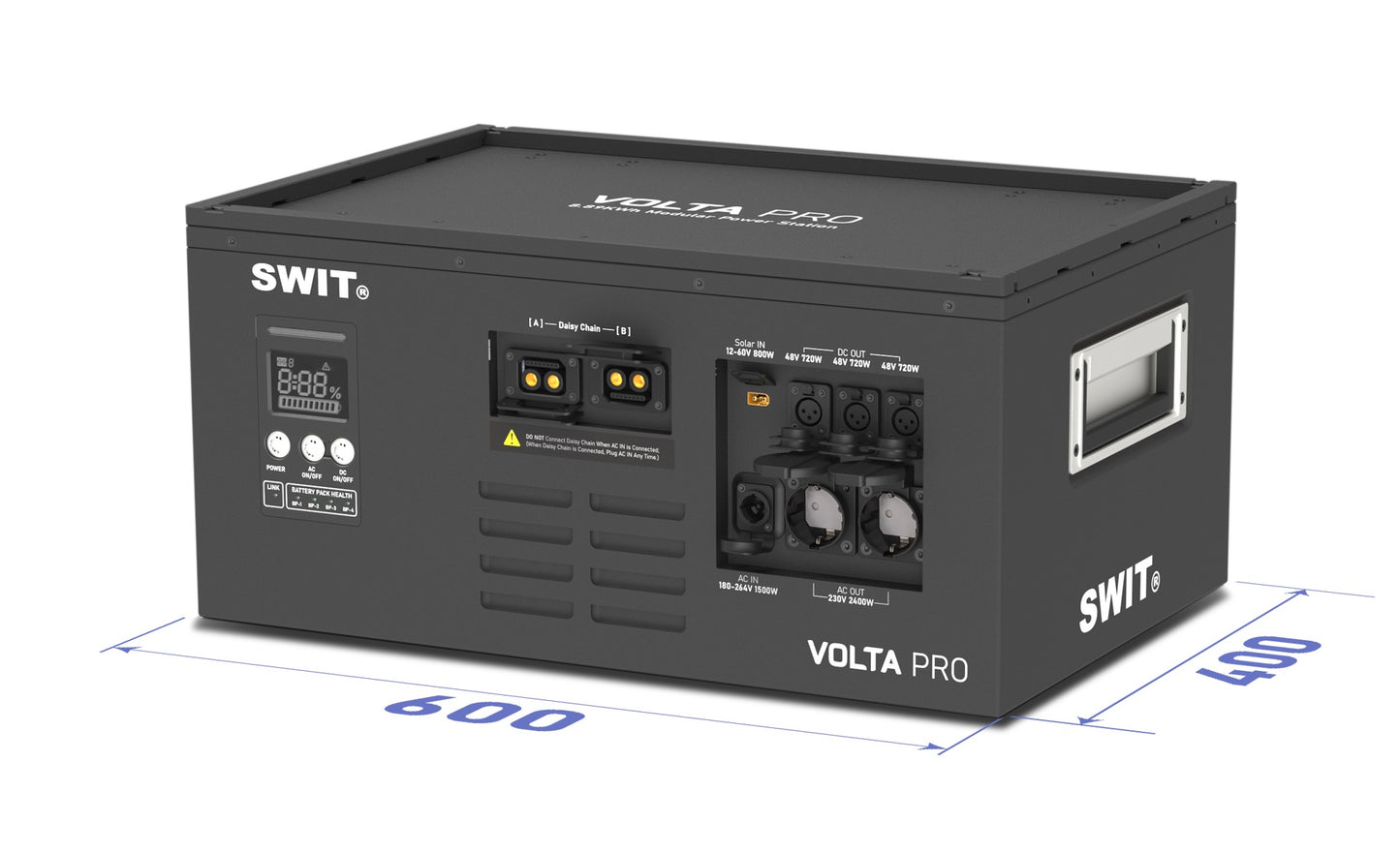 SWIT VOLTA PRO | 9KWh IP54 max2400W@AC+800W@DC Professional Robust Cascadable Hot-swappable Modular Battery with 2xAC+3xDC@48V, fast AC/Solar charging