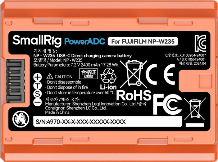 SmallRig 4970 NP-W235 USB-C Rechargeable Camera Battery Orange