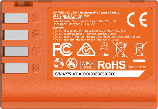 SmallRig 4979 Camera Battery USB-C Rechargeable DMW-BLK22 Orange