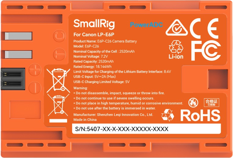 SmallRig 5407 Camera Battery USB-C Rechargable Canon LP-E6P Orange