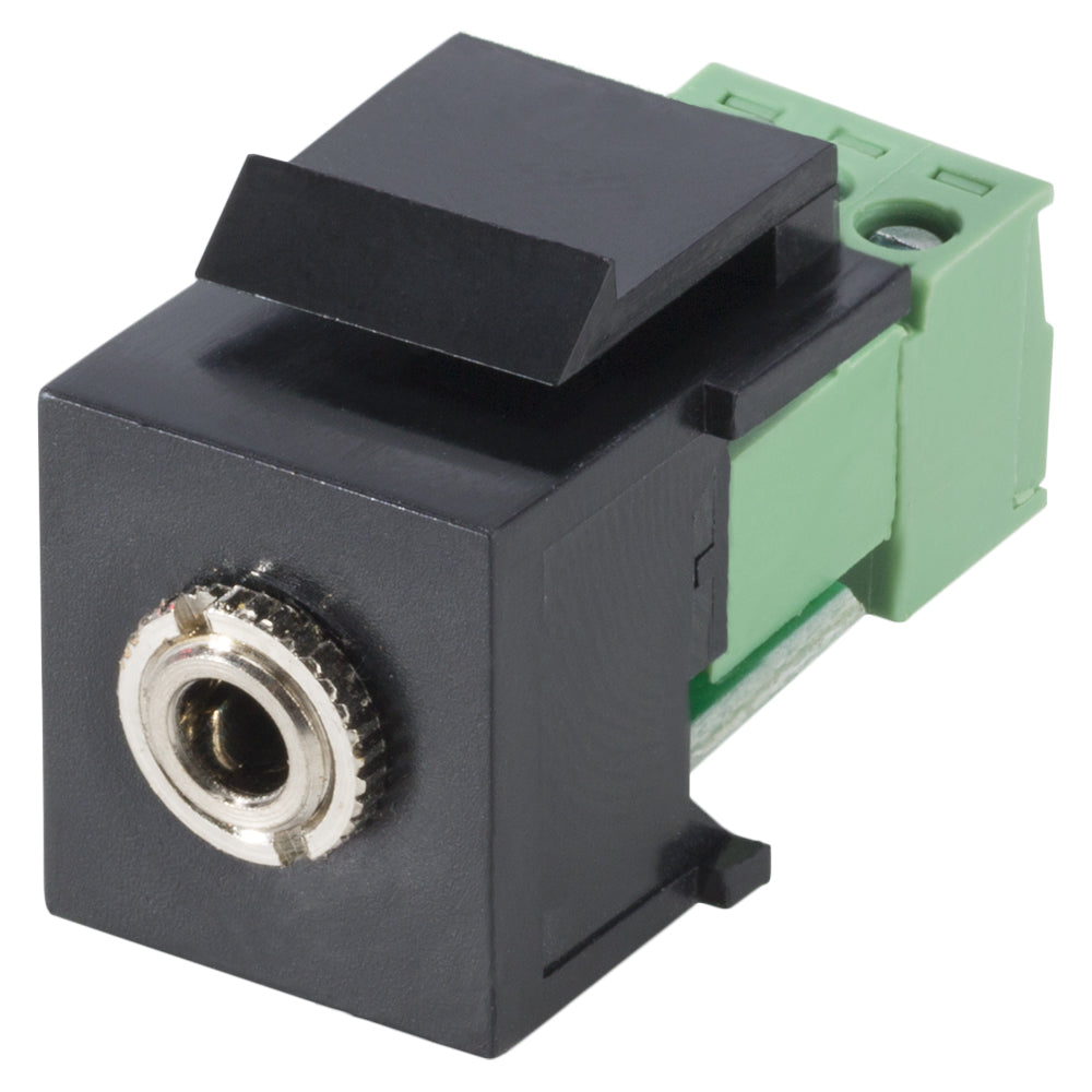 jack (3,5mm), 3-pole , plastic-, cutting / clamp-, nickel plated contact(s), Keystone Clip-In, juodas