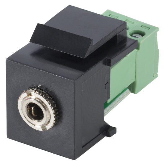 jack (3,5mm), 3-pole , plastic-, cutting / clamp-, nickel plated contact(s), Keystone Clip-In, juodas