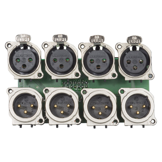 jungtis Module 4 x XLR lizdas + 4 x XLR kištukas NEUTRIK® B-Serie (lizdas + kištukas parallel per channel switched), 3 polių, 2 HE, 3 BE, metalinė, 12 pakeliami gnybtai, flat jungtis 14-pin lizdas-, paauksuoti kontaktai, nikelio spalvos, for SYS-series