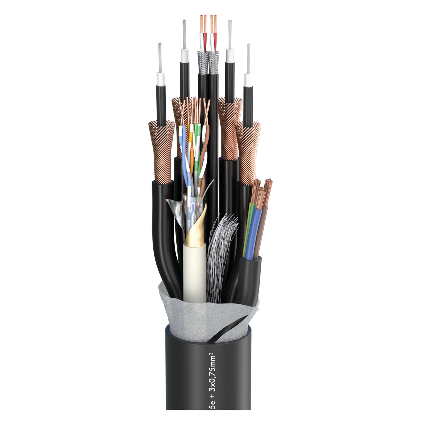 SC-TRICONE 241P; audio: 2 x 2 x 0,14 mm²; power: 3 x 0.75 mm²; 1 x CAT.5e; PVC Ø 21,80 mm; juodas