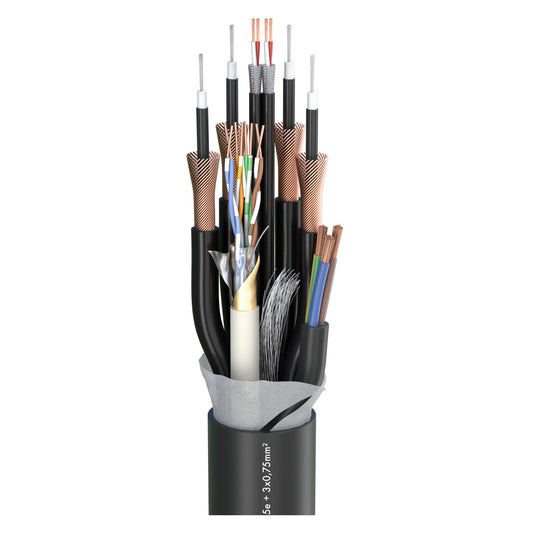 SC-TRICONE 241P; audio: 2 x 2 x 0,14 mm²; power: 3 x 0.75 mm²; 1 x CAT.5e; PVC Ø 21,80 mm; juodas