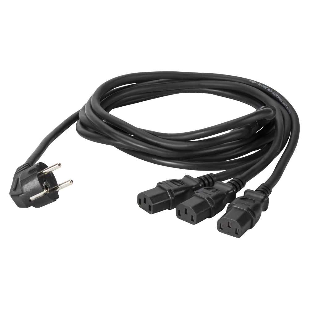 Power supply IEC cable, 3 x 0,75 mm² | Schuko angled / 3 x IEC mains socket
