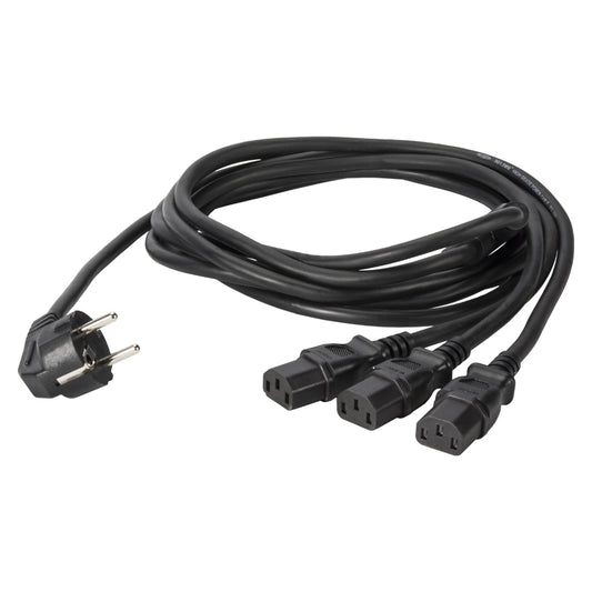 Power supply IEC cable, 3 x 0,75 mm² | Schuko angled / 3 x IEC mains socket