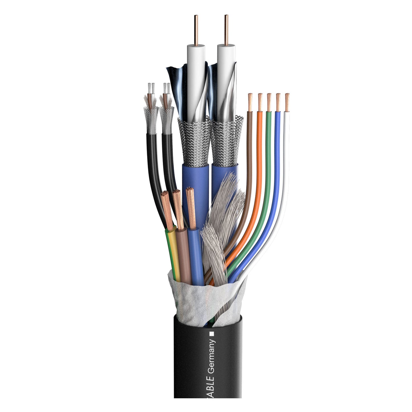 SDI kabelis Transit MC 2235 HD; video: 2 x 0,80/3,70; audio: 2 x 2 x 0,14 mm²; power: 3 x 1.50 mm²; 5 x control; S-PVC Ø 15,50 mm; juodas - 100 m ritė