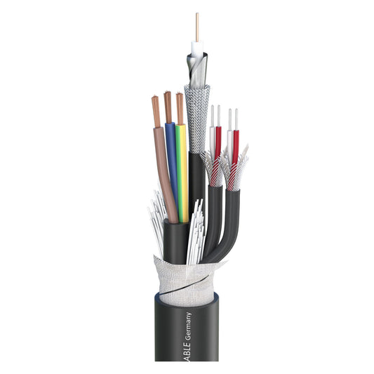SDI kabelis Transit MC 123 HD; video: 1 x 0,60/2,80; audio: 2 x 2 x 0,14 mm²; power: 3 x 1.50 mm²; PVC Ø 14,20 mm; juodas - 500 m ritė