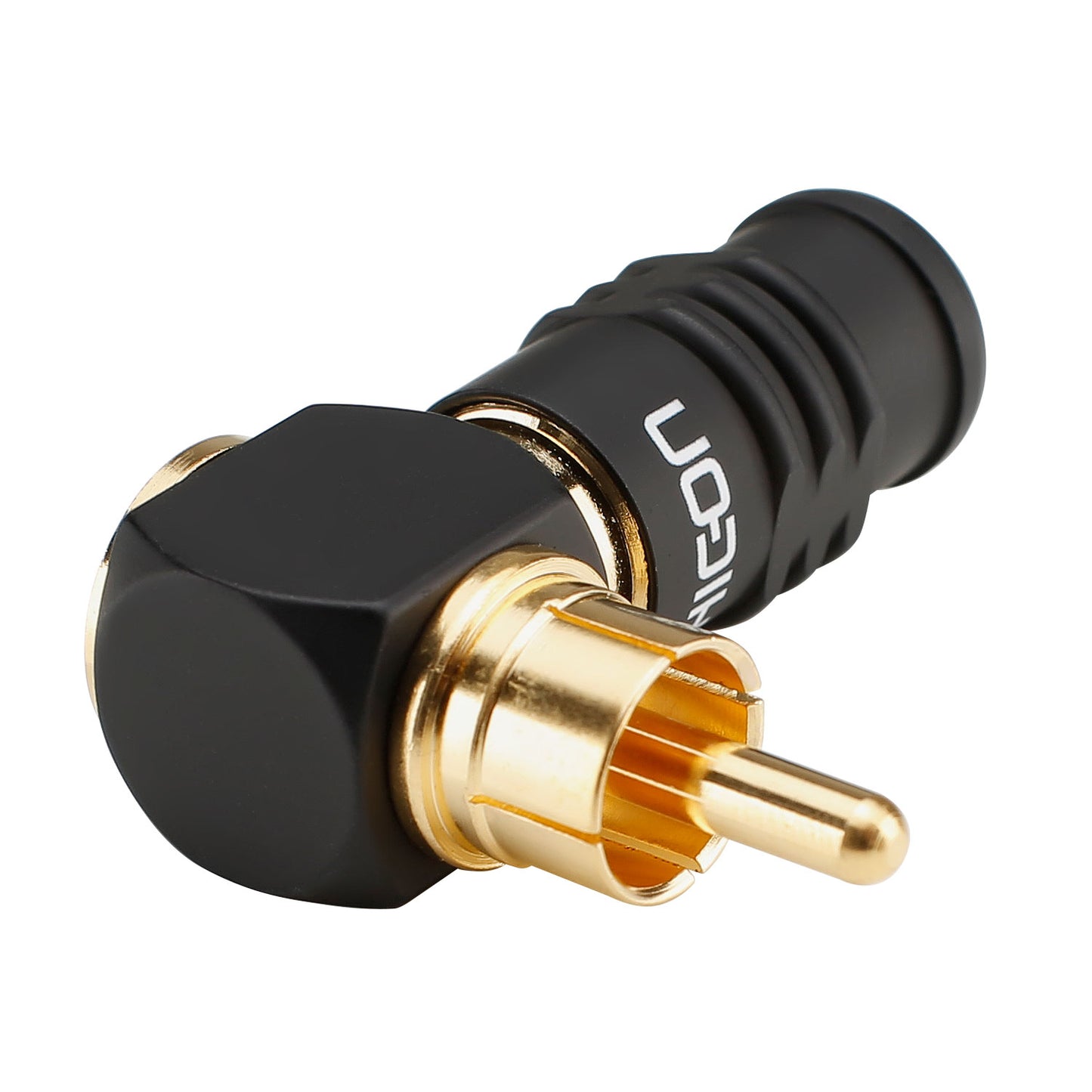 HICON RCA screw & play, 2-pole , metal-, prisukama-kištukas jungtis, hard gold-plated contact(s), 90° angled, juodas