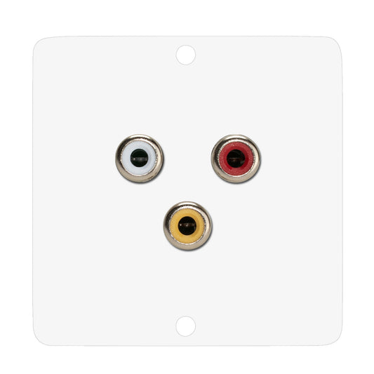 connection-modul 3 x RCA A/V geltonas / raudonas / baltas fem. —> Screw terminal, scale: 50x50 mm, stainless steel, colour: baltas