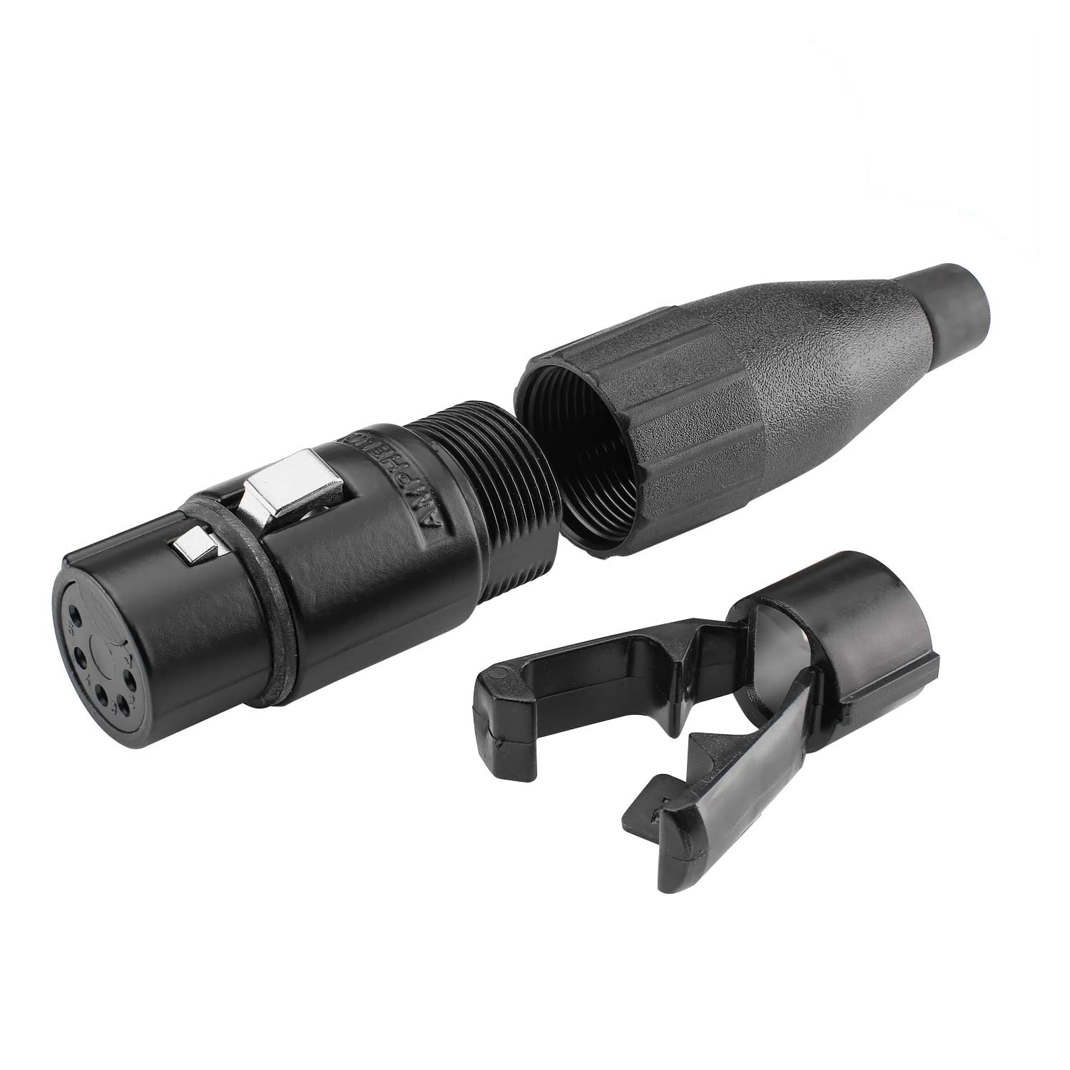 Amphenol XLR, 5 polių, plastikinė lizdinė jungtis, sidabruoti kontaktai, tiesi, pilkas