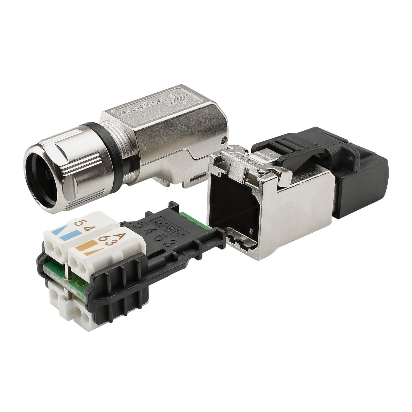 RJ45 CAT.6a, 8-pole , metal-, IDC-kištukas jungtis, gold plated contact(s), 90° angled, pilkas
