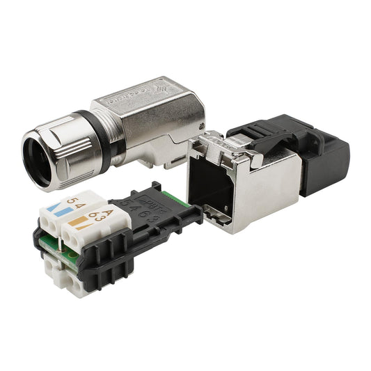 RJ45 CAT.6a, 8-pole , metal-, IDC-kištukas jungtis, gold plated contact(s), 90° angled, pilkas