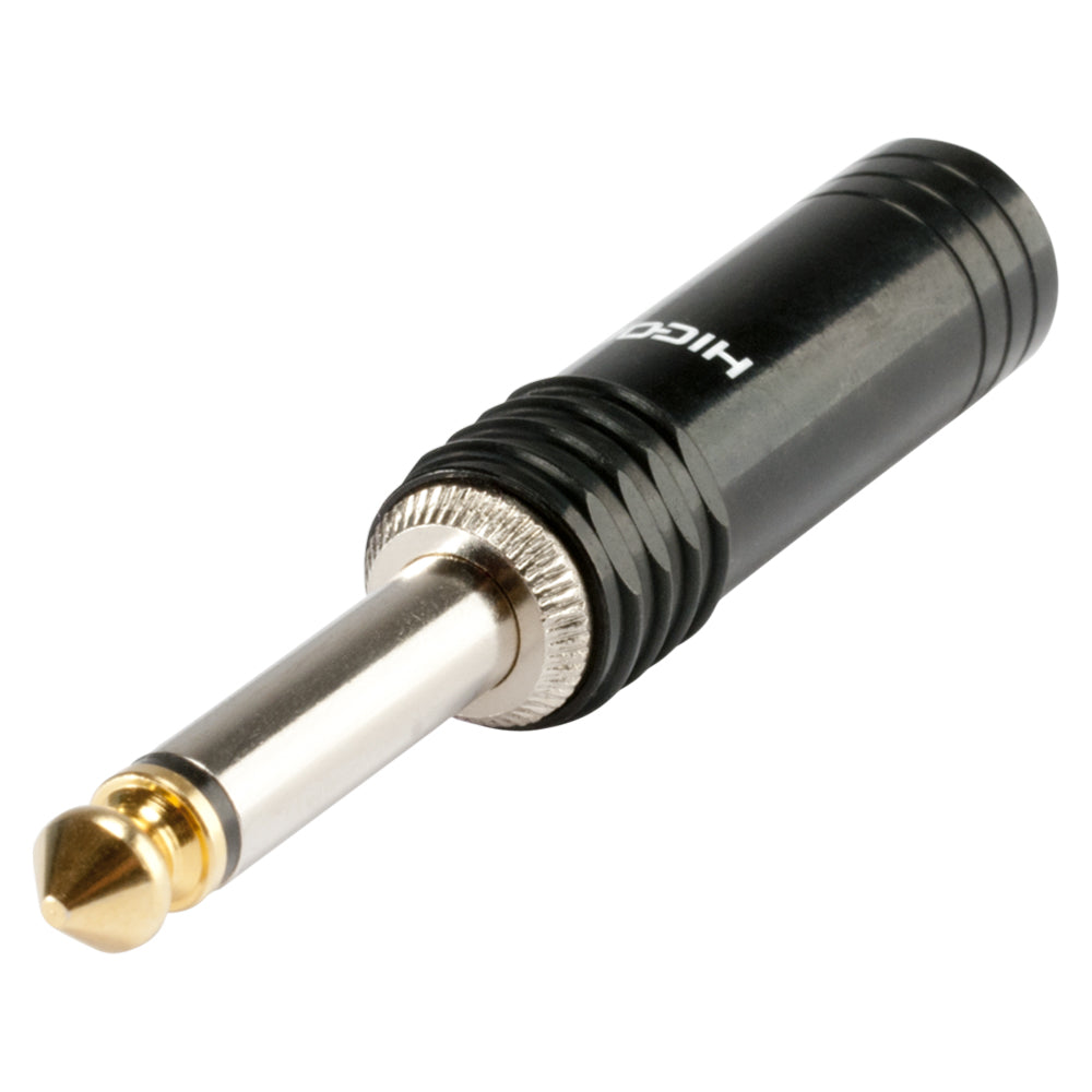 HICON jack (6,3mm) 2-pole metal-Soldering-kištukas jungtis, nickel plated with Goldtip pin, tiesi, juodas
