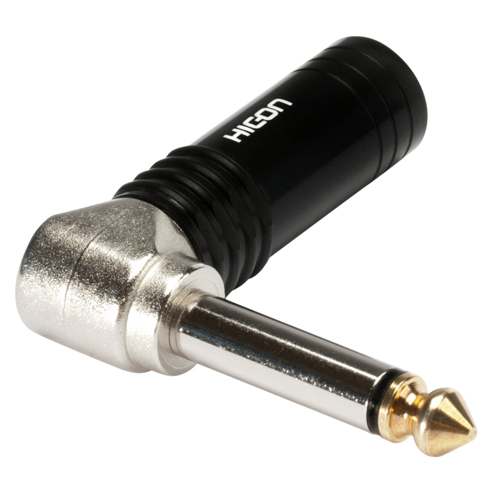 HICON jack (6,3mm) 2-pole metal-Soldering-kištukas jungtis, nickel plated with Goldtip pin, angled, juodas