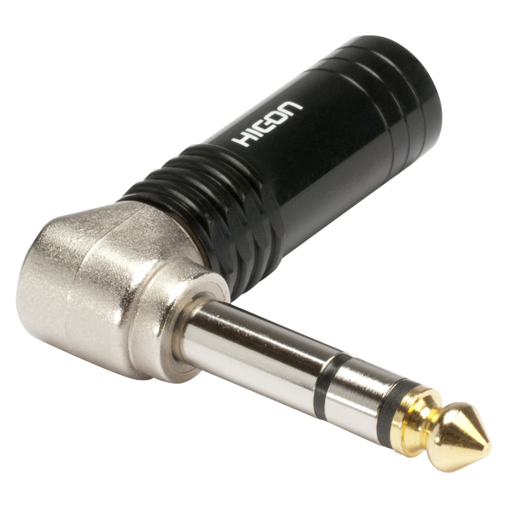 HICON jack (6,3mm) 3-pole metal-Soldering-kištukas jungtis, nickel plated with Goldtip pin, angled, juodas
