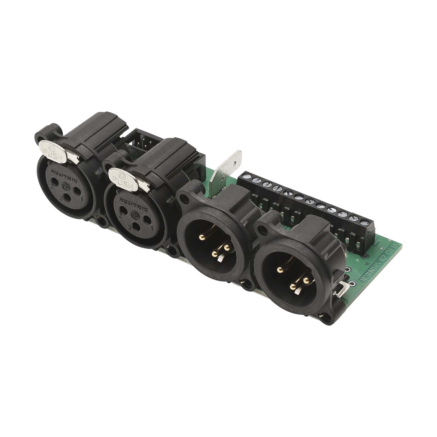 jungtis Module 2 x XLR 3 polių kištukas, A series/2 x XLR 3 polių lizdas, A series, 3 polių, 1 HE, 3 BE, plastikinė, 12 pakeliami gnybtai, 14 polių mentinis gnybtas-, sidabruoti kontaktai, juodas, for SYS-series
