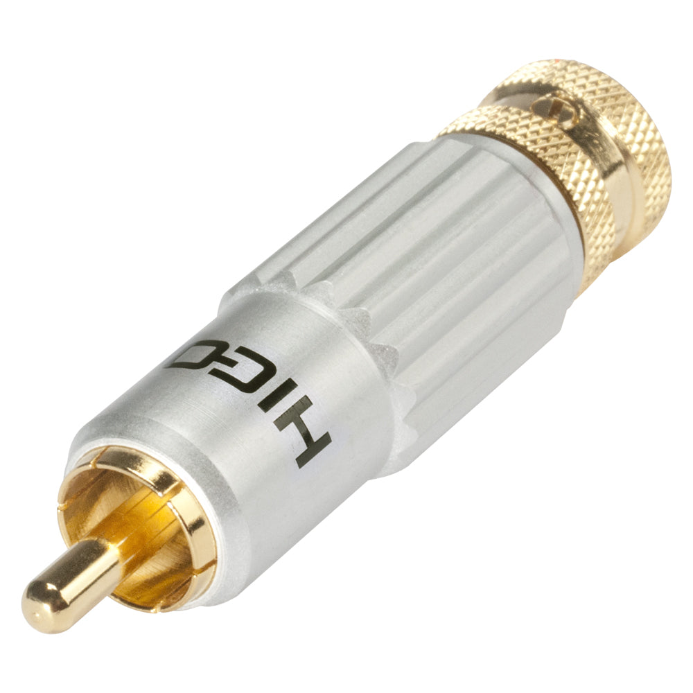 HICON RCA / phono jungtis, collet lock fixture, 2-pole , metal-, Soldering-kištukas jungtis, gold plated contact(s), tiesi, pilkas