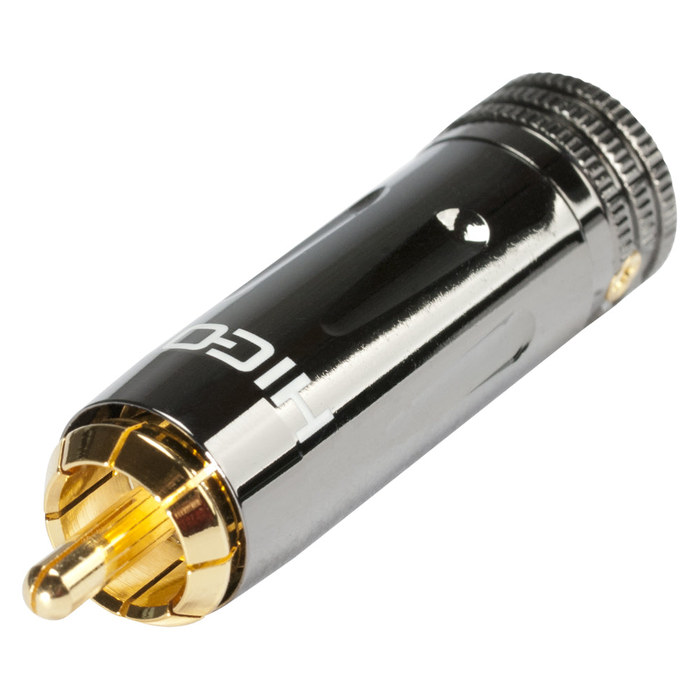 HICON RCA / phono jungtis, collet lock fixture, 2-pole , metal-, Soldering-kištukas jungtis, gold plated contact(s), tiesi, chrome coloured