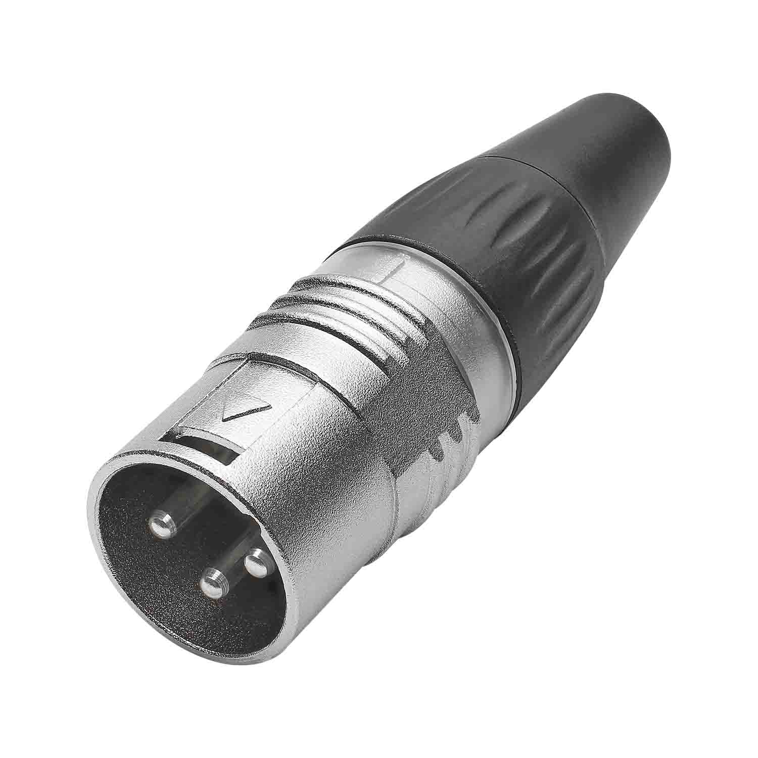 HICON XLR BASIC, 3-pole kištukas, sidabrinis-plated contacts, nickel-plated metal housing, conductive surface, juodas plastic cap, 3-chuck collet strain relief