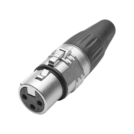 HICON XLR BASIC, 3-pole lizdas, sidabrinis-plated contacts, nickel-plated metal housing, conductive surface, juodas plastic cap, 3-chuck collet strain relief