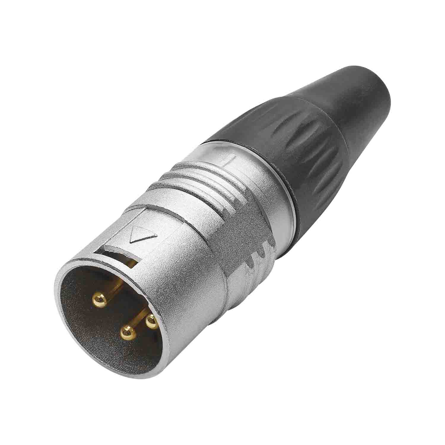 HICON XLR BASIC, 3-pole kištukas, gold-plated contacts, nickel-plated metal housing, conductive surface, juodas plastic cap, 3-chuck collet strain relief